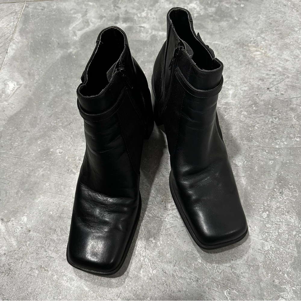 Nicole Black Leather Square Toe Chunky Heel Ankle Boots Sz 7M 90s Y2K Gilmore